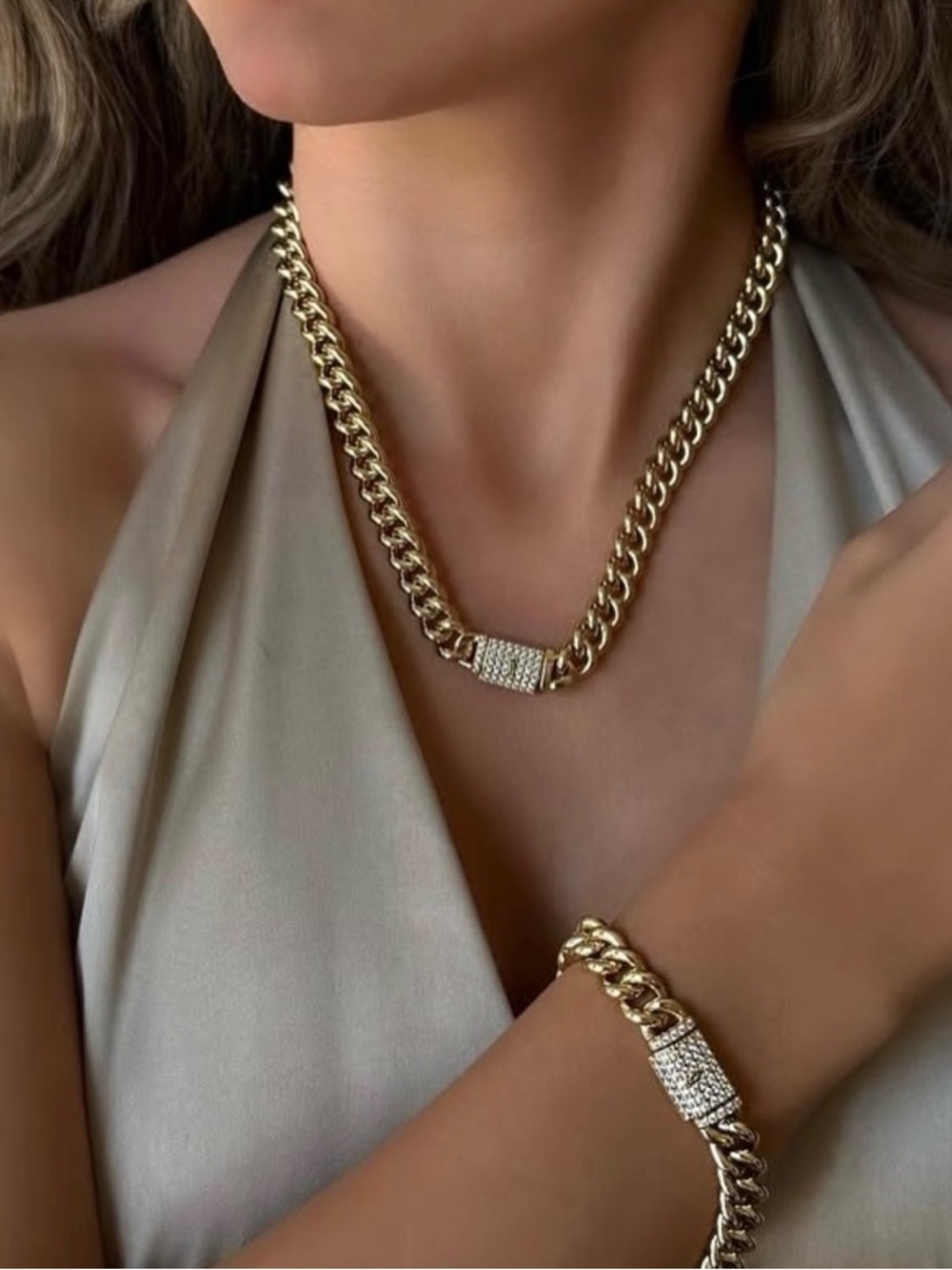 14K Gold Plated Cuban Link Necklace & Bracelet Set with CZ Pavé Box Toggle Clasp - Picture 9 of 11